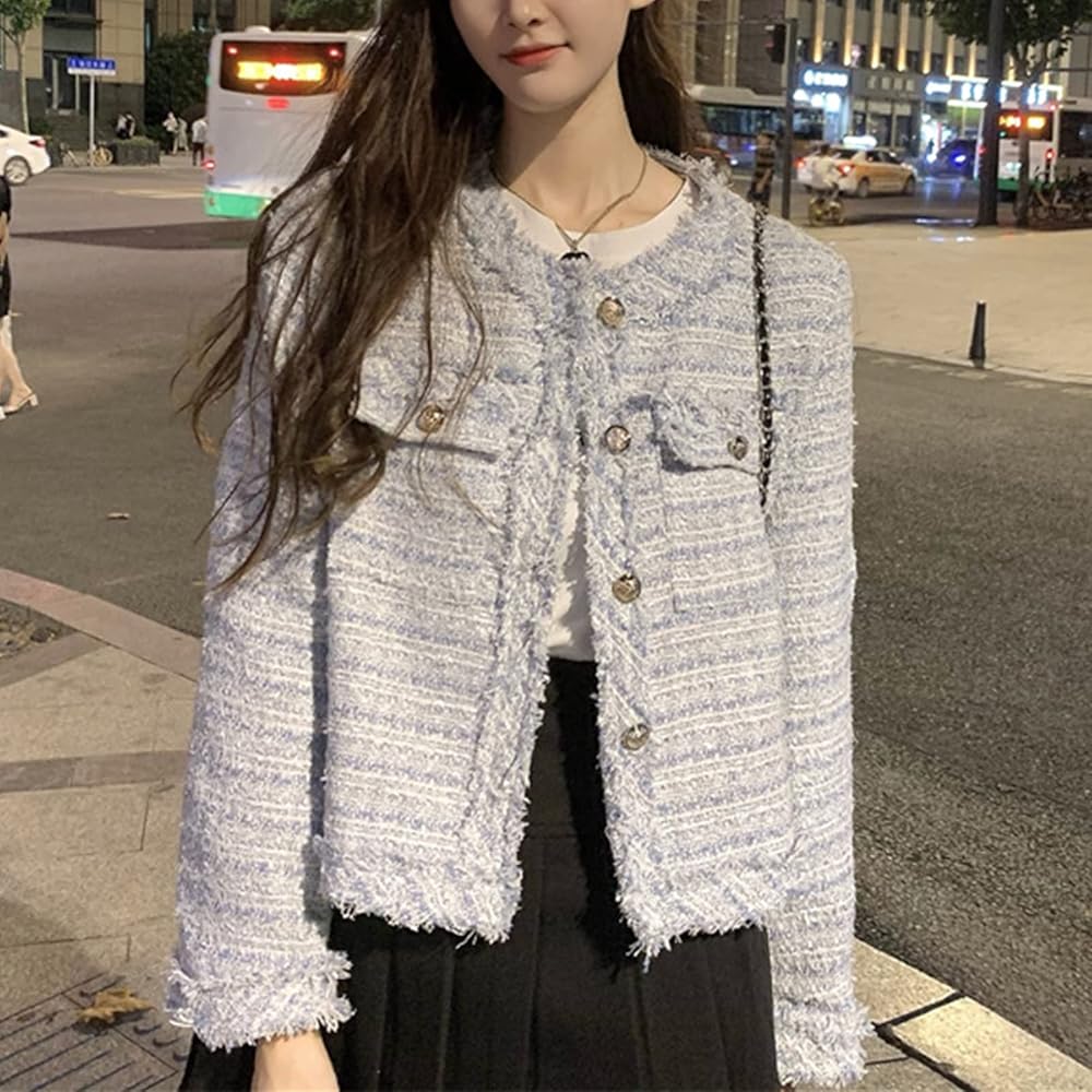 SaytoRose Women's Plaid White Tweed Blazer Open Front